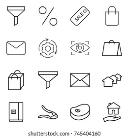 thin line icon set : funnel, percent, sale, shopping bag, mail, around gear, eye identity, houses, fridge, walnut crack, steake, housing