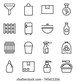 thin line icon set : funnel, shopping bag, package box, chemical, pallet, fridge, cauldron, ketchup, barrel, bucket, sprayer, garbage, cleanser, liquid soap, washing powder