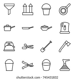 thin line icon set : funnel, cargo top sign, bucket, pan, saute, kettle, scissors, shovel, axe, pruner, plunger