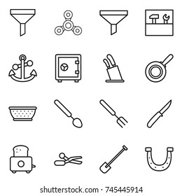 thin line icon set : funnel, spinner, tools, anchor, safe, stands for knives, pan, colander, big spoon, fork, knife, toaster, scissors, shovel, horseshoe