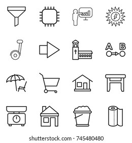 thin line icon set : funnel, chip, presentation, sun power, segway, right arrow, church, route a to b, lounger, cart, home, stool, kitchen scales, house, foam bucket, paper towel