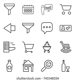 thin line icon set : funnel, calendar, presentation, cart, left arrow, sms, check in, hotel, bbq, rocking chair, ketchup, house, viruses, wine