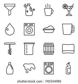 thin line icon set : funnel, cleanser, hot drink, cocktail, drop, washing machine, cup, corkscrew, measuring, barrel, sponge, spot, toilet