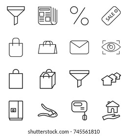 thin line icon set : funnel, newspaper, percent, sale, shopping bag, mail, eye identity, houses, fridge, walnut crack, mixer, housing thin line icon set : funnel, newspaper, percent, sale, shopping bag, mail, eye identity, houses, fridge, walnut crack, mixer, housing