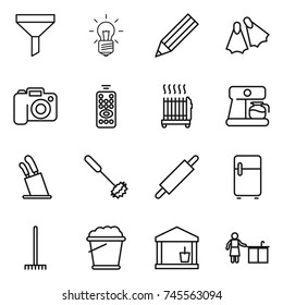 thin line icon set : funnel, bulb, pencil, flippers, camera, remote control, radiator, coffee maker, stands for knives, whisk, rolling pin, fridge, rake, foam bucket, utility room, kitchen cleaning