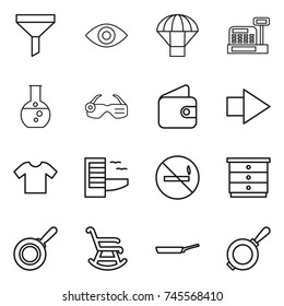 thin line icon set : funnel, eye, parachute, cashbox, round flask, smart glasses, wallet, right arrow, t shirt, hotel, no smoking, chest of drawers, pan, rocking chair