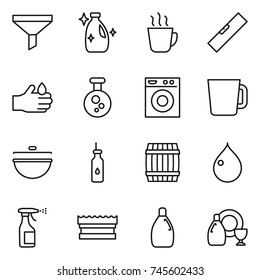 thin line icon set : funnel, cleanser, hot drink, level, acid, chemical, washing machine, cup, cauldron, vegetable oil, barrel, drop, sprayer, sponge, dish