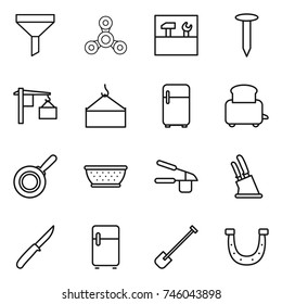 thin line icon set : funnel, spinner, tools, nail, loading, crane, fridge, toaster, pan, colander, garlic clasp, knife holder, shovel, horseshoe