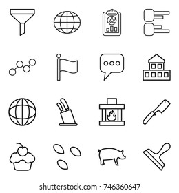 thin line icon set : funnel, globe, report, diagram, graph, flag, message, cottage, stands for knives, fireplace, chef knife, cupcake, seeds, pig, scraper