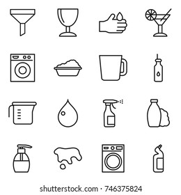 thin line icon set : funnel, wineglass, acid, cocktail, washing machine, cup, vegetable oil, measuring, drop, sprayer, shampoo, liquid soap, spot, toilet cleanser