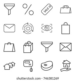thin line icon set : funnel, percent, sale, shopping bag, mail, around gear, eye identity, houses, mixer, steake, housing