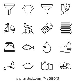 thin line icon set : funnel, hex molecule, broken, sail boat, aquapark, jellyfish, towels, kettle, fish, drop, hand, and, foam basin, toilet paper, home call cleaning