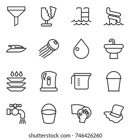 thin line icon set : funnel, broken, pool, aquapark, yacht, jellyfish, drop, sink, plate washing, kettle, measuring cup, bucket, water tap, wiping, floor