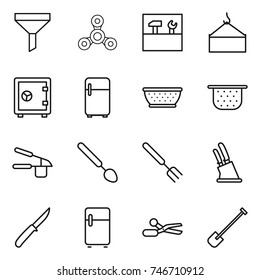 thin line icon set : funnel, spinner, tools, loading crane, safe, fridge, colander, garlic clasp, big spoon, fork, knife holder, scissors, shovel