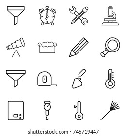 thin line icon set : funnel, alarm clock, pencil wrench, microscope, telescope, electrostatic, magnifier, measuring tape, construction, thermometer, kitchen scales, handle, rake
