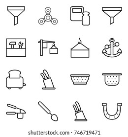 thin line icon set : funnel, spinner, scales weight, tools, loading, crane, anchor, toaster, stands for knives, colander, garlic clasp, big spoon, knife holder, horseshoe