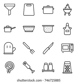 thin line icon set : funnel, cutting board, pan, bbq, saute, colander, apron, cook glove, big fork, knife, microwave oven, elecric, blender, salt pepper, grater