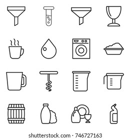 thin line icon set : funnel, vial, wineglass, hot drink, drop, washing machine, cup, corkscrew, measuring, barrel, shampoo, dish cleanser, toilet