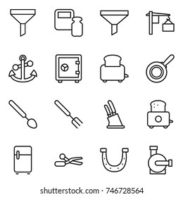 thin line icon set : funnel, scales weight, loading, anchor, safe, toaster, pan, big spoon, fork, knife holder, fridge, scissors, horseshoe, water pump