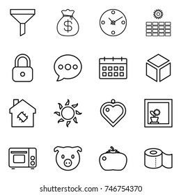 thin line icon set : funnel, money bag, clock, sun power, lock, balloon, calendar, 3d, smart house, heart pendant, flower in window, grill oven, pig, tomato, toilet paper