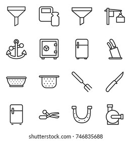 thin line icon set : funnel, scales weight, loading, anchor, safe, fridge, stands for knives, colander, big fork, knife, scissors, horseshoe, water pump