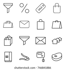 thin line icon set : funnel, percent, sale, shopping bag, mail, houses, fridge, walnut crack, mixer, steake