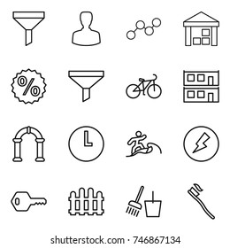 thin line icon set : funnel, man, graph, warehouse, percent, bike, modular house, arch, clock, surfer, electricity, key, fence, bucket and broom, tooth brush