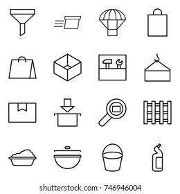 thin line icon set : funnel, delivery, parachute, shopping bag, box, tools, loading crane, package, cargo search, pallet, washing, cauldron, bucket, toilet cleanser