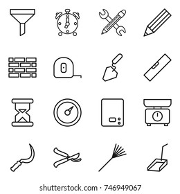 thin line icon set : funnel, alarm clock, pencil wrench, brick wall, measuring tape, construction, level, sand, barometer, kitchen scales, sickle, pruner, rake, scoop