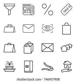 thin line icon set : funnel, newspaper, percent, sale, shopping bag, mail, eye identity, houses, fountain, fridge, walnut crack, housing