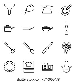 thin line icon set : funnel, chicken leg, cutting board, pan, saute, vegetable oil, whisk, big spoon, knife, elecric oven, induction, cooking book, food processor, apron