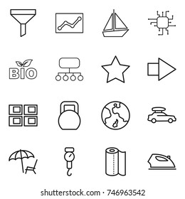 thin line icon set : funnel, statistics, boat, chip, bio, structure, star, right arrow, panel house, heavy, earth, car baggage, lounger, handle scales, paper towel, iron