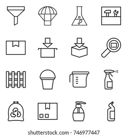 thin line icon set : funnel, parachute, flask, tools, package box, cargo search, pallet, bucket, measuring cup, sprayer, garbage bag, liquid soap, toilet cleanser