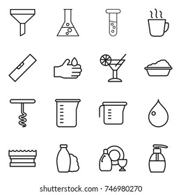thin line icon set : funnel, flask, vial, hot drink, level, acid, cocktail, washing, corkscrew, measuring cup, drop, sponge, shampoo, dish cleanser, liquid soap