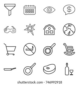 thin line icon set : funnel, calendar, eye, money message, smart glasses, bang, house, earth, cart, no smoking, pan, rocking chair, steake, wine