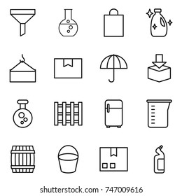 thin line icon set : funnel, round flask, shopping bag, cleanser, loading crane, package box, dry cargo, chemical, pallet, fridge, measuring cup, barrel, bucket, toilet