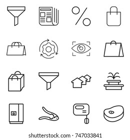 thin line icon set : funnel, newspaper, percent, shopping bag, around gear, eye identity, houses, fountain, fridge, walnut crack, mixer, steake