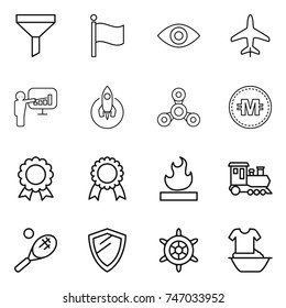 thin line icon set : funnel, flag, eye, plane, presentation, rocket, spinner, crypto currency, medal, flammable, train, tennis, shield, handwheel, handle washing