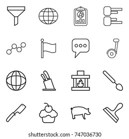 thin line icon set : funnel, globe, report, diagram, graph, flag, message, segway, stands for knives, fireplace, big spoon, chef knife, cupcake, pig, scraper