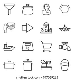 thin line icon set : funnel, purse, call center, hex molecule, presentation, right arrow, mansion, plane, sea shipping, heavy, cart, water tap, pan, harvester, bucket