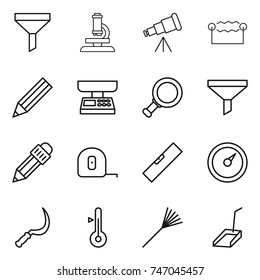 thin line icon set : funnel, microscope, telescope, electrostatic, pencil, market scales, magnifier, measuring tape, level, barometer, sickle, thermometer, rake, scoop
