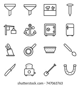 thin line icon set : funnel, tools, nail, loading, anchor, safe, fridge, stands for knives, pan, colander, big spoon, knife, toaster, shovel, horseshoe