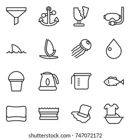 thin line icon set : funnel, anchor, broken, diving mask, shark flipper, windsurfing, jellyfish, drop, bucket, kettle, measuring cup, fish, sponge, floor washing, handle