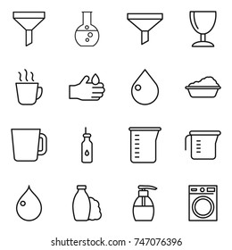 thin line icon set : funnel, round flask, wineglass, hot drink, acid, drop, washing, cup, vegetable oil, measuring, shampoo, liquid soap, machine