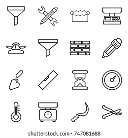 thin line icon set : funnel, pencil wrench, electrostatic, market scales, brick wall, construction, level, sand clock, barometer, thermometer, kitchen, sickle, pruner