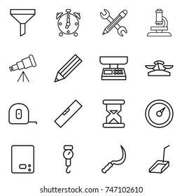 thin line icon set : funnel, alarm clock, pencil wrench, microscope, telescope, market scales, measuring tape, level, sand, barometer, kitchen, handle, sickle, scoop