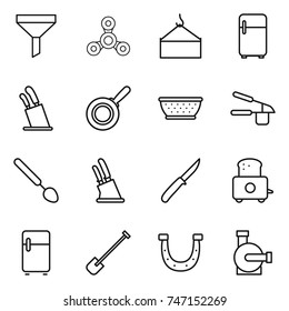 thin line icon set : funnel, spinner, loading crane, fridge, stands for knives, pan, colander, garlic clasp, big spoon, knife holder, toaster, shovel, horseshoe, water pump