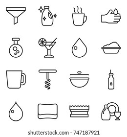 thin line icon set : funnel, cleanser, hot drink, acid, chemical, cocktail, drop, washing, cup, corkscrew, cauldron, vegetable oil, sponge, dish