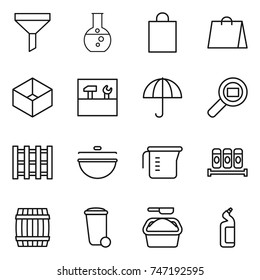 thin line icon set : funnel, round flask, shopping bag, box, tools, dry cargo, search, pallet, cauldron, measuring cup, spices, barrel, trash bin, washing powder, toilet cleanser