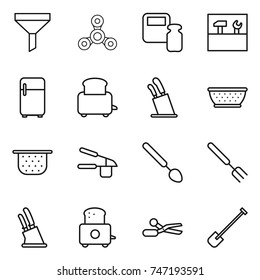thin line icon set : funnel, spinner, scales weight, tools, fridge, toaster, stands for knives, colander, garlic clasp, big spoon, fork, knife holder, scissors, shovel